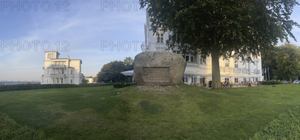 Memorial stone of the founding, Heiligendamm is the oldest seaside resort in Germany and continental Europe, founded in 1793 by Frederick Francis I, Duke of Mecklenburg-Schwerin, panorama, spa architecture, Mecklenburg-Western Pomerania, Germany