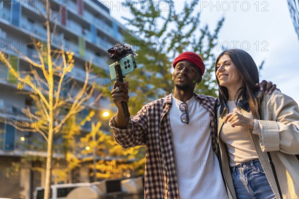 Diverse young couple vlogging urban exploration together, smiling and walking through the city while recording on a smartphone mounted to a gimbal for social media content and travel storytelling