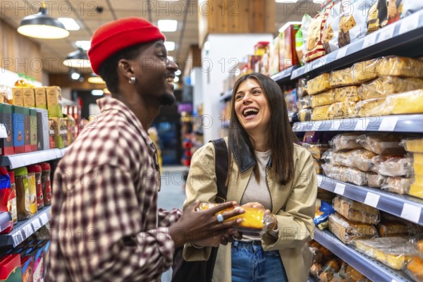 Happy young couple enjoying shopping together, smiling and talking in a store aisle while holding packaged food products, embodying friendship and consumer lifestyle