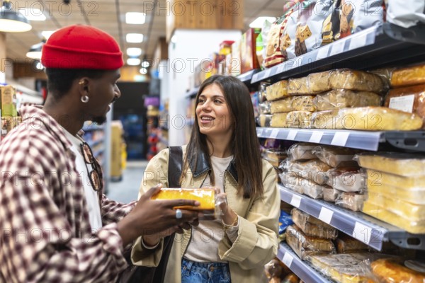 Diverse young couple looking at each other, one holding a packaged baked good while standing in a busy supermarket aisle, engaging in food choice and daily shopping