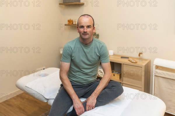 Man sitting on a clean massage table in a modern wellness clinic, looking at the camera while preparing for a therapy session, calm and ready for treatment