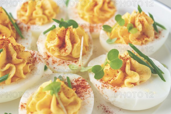 Stuffed eggs with paprika, on a plate, close-up