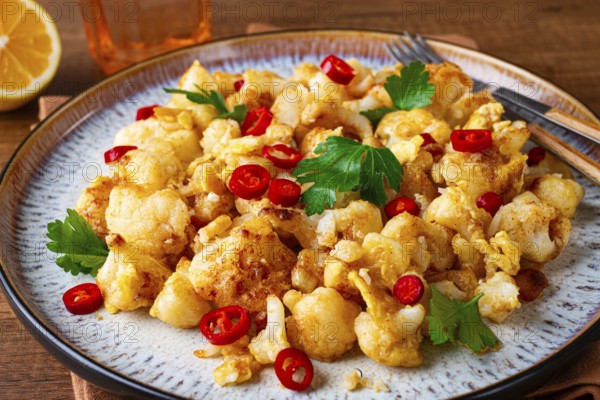 Spicy fried cauliflower served on a wooden countertop