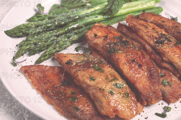Fried fish fillet, tilapia with asparagus, homemade, no people