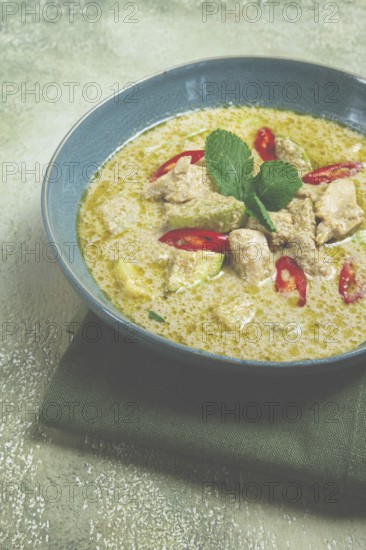 Green curry with chicken, traditional Thai cuisine, Asian food, homemade, no people