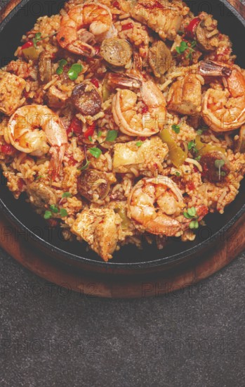 Jambalaya, Creole dish, American pilaf, rice with chicken and shrimp, vegetables, homemade, no people