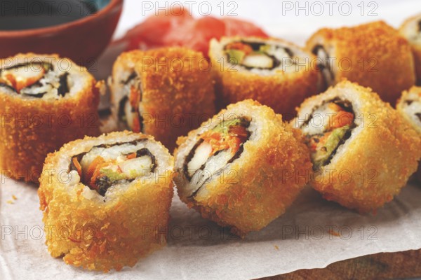 California tempura roll, deep-fried, hot rolls, surimi crab roll and avocado, cream cheese