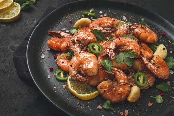 Fried shrimp, headless, with spices, grilled, homemade, no people