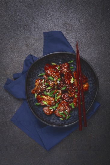 Yakitori chicken kebab, on a plate, with green onions and sesame seeds, top view, no people