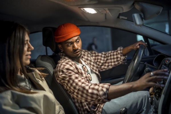 Young couple on a nighttime road trip, man driving while woman navigates and they chat over the dashboard, sharing laughter, planning the route and enjoying the ride