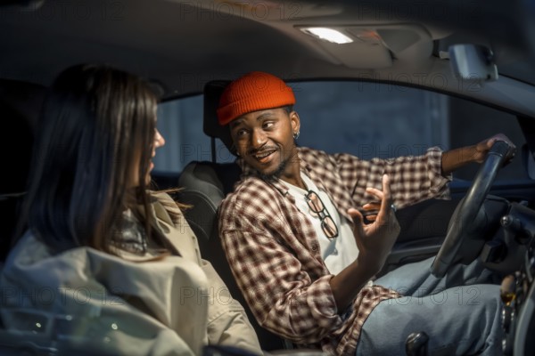Young man wearing a beanie and plaid shirt talking to a woman passenger in a car during a night ride, sharing a moment of sincere connection and engaging in conversation