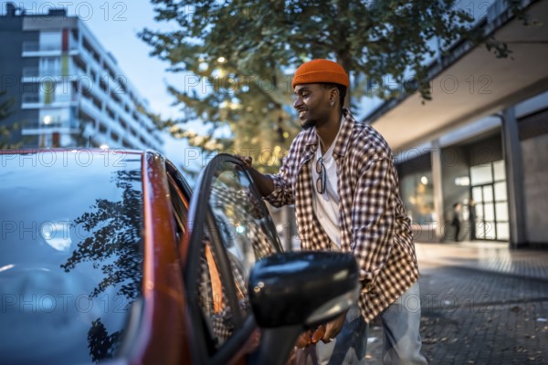 Young black man with a cheerful expression standing by an orange car, opening the door while preparing for a ride in a vibrant urban street at dusk, reflecting a sense of modern transportation