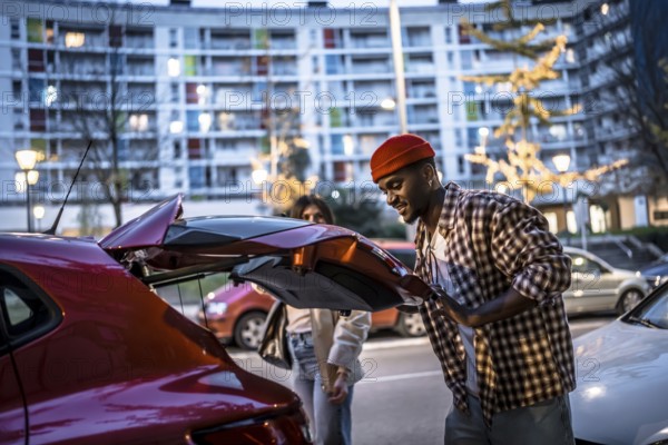 Young couple standing by their car with an open trunk in a city street at dusk, preparing for a trip or returning home after an outing, with buildings in the background
