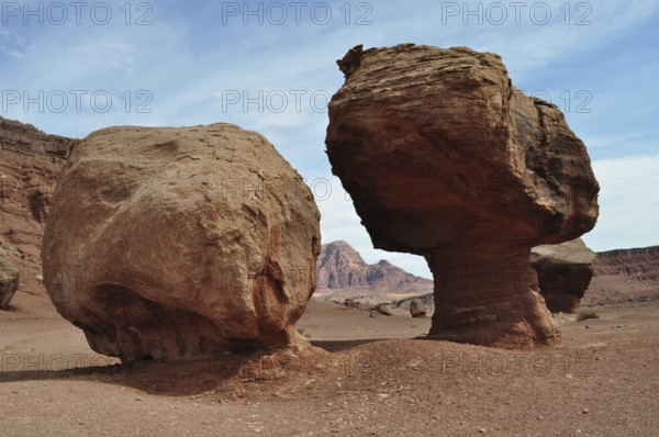 Two large rocks stand side by side in a desert landscape with a red rock backdrop, Grand Canyon National Park, Arizona, USA