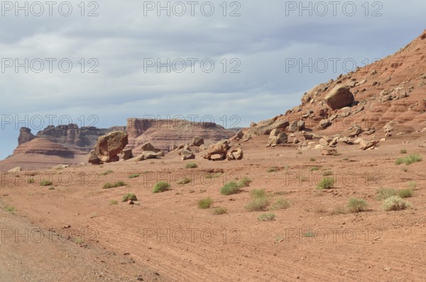 Barren desert landscape with red rock formations and sparse vegetation, Grand Canyon National Park, Arizona, USA