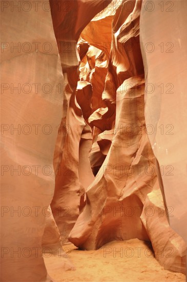 Sandstone passages with various light and shadow effects in a high, narrow canyon, Antelope Canyon, Navajo Nation Reservation, Lake Powell Tribal Park, Arizona, USA
