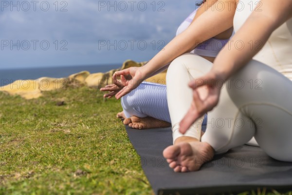 Two women practicing yoga and meditating outdoors on yoga mats, sitting in lotus pose with hands in jnana mudra, finding balance, wellness, and peace by the blue ocean and green grass