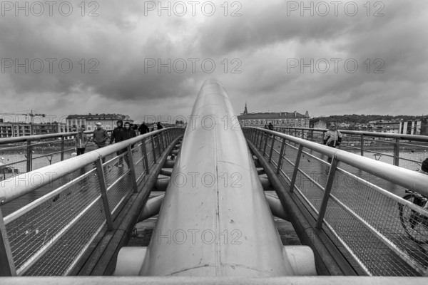 Father Bernatka wooden walkway, modern bridge over the Vistula, black and white, Krakow, Poland