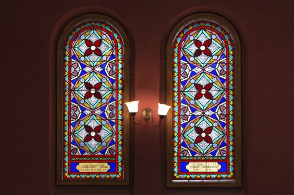 Colored stained glass windows in the Isaac Temple Synagogue in Kazimierz district, Krakow, Poland