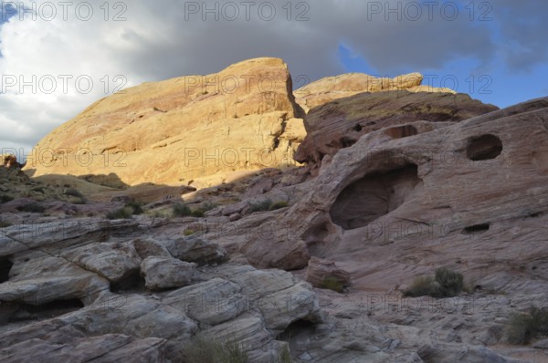 Yellow rocks in sunset light with dramatic shadows, Valley of Fire State Park, Nevada, USA