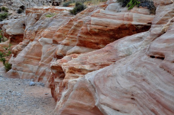 Close-up of detailed, erosion-shaped red and gray rocks with various layers and textures, Valley of Fire State Park, Nevada, USA
