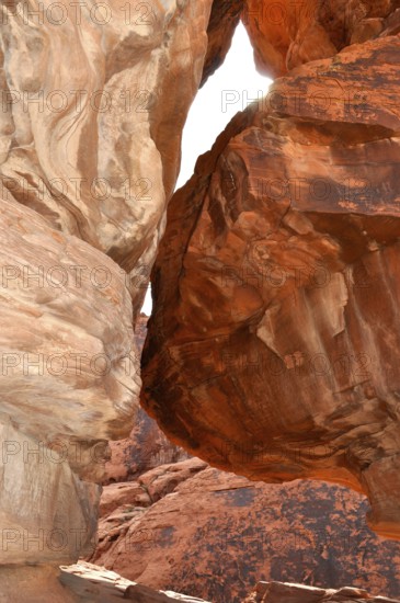 Impressive red sandstone rock formation in a narrow gorge under direct sunlight, Valley of Fire State Park, Nevada, USA