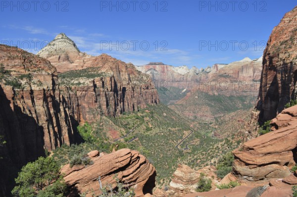Panorama of rugged rocks and canyons with sweeping views over a rugged landscape, Zion National Park, Utah, USA