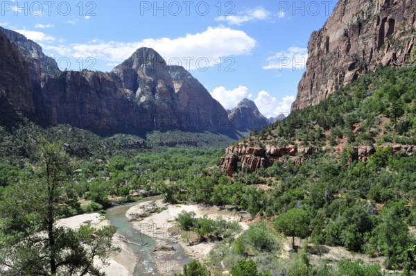 River flows through a lush valley surrounded by imposing mountains and green vegetation, Zion National Park, Utah, USA