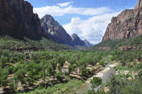 Impressive mountain landscape with river, green trees and clouds, Zion National Park, Utah, USA