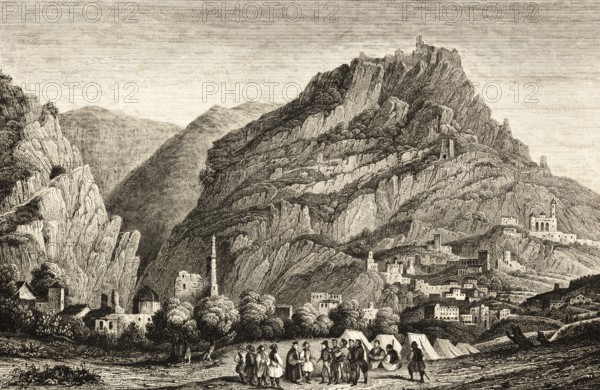 Mystras or Mistra near Sparta, Byzantine ruined city, UNESCO World Heritage Site, Greece, mountains, people, antiquity, architecture, building, steel engraving, historical illustration 1834