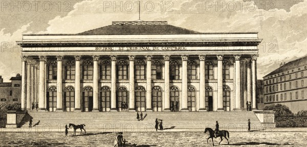 Bourse de Paris, Palais Brongniart, façade of the Paris Stock Exchange, France, steps, columns, square, rider, people, money, finances, securities, trade, architecture, building, steel engraving, historical illustration 1834