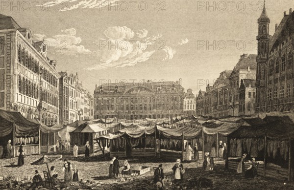 Brussels, Belgium, marketplace, covered stalls, trade, economy, many people, magnificent architecture, buildings, steel engraving, historical illustration 1834