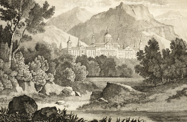 San Lorenzo de El Escorial monastery and palace complex, Madrid, Spain, Sierra de Guadarrama, 16th century, UNESCO World Heritage Site, Renaissance, dome, river landscape, forest, idyllic location, architecture, building, steel engraving, historical illustration 1834