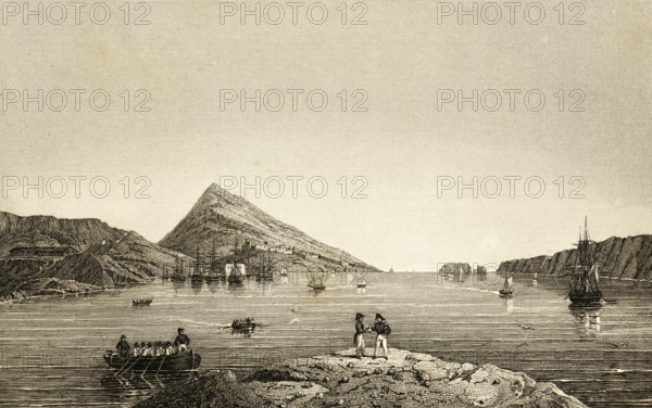 Navarino with Navarino Bay, today Pylos, Greece, mountains, soldiers, rowing boats, sailing ships, buildings, steel engraving, historical illustration 1834
