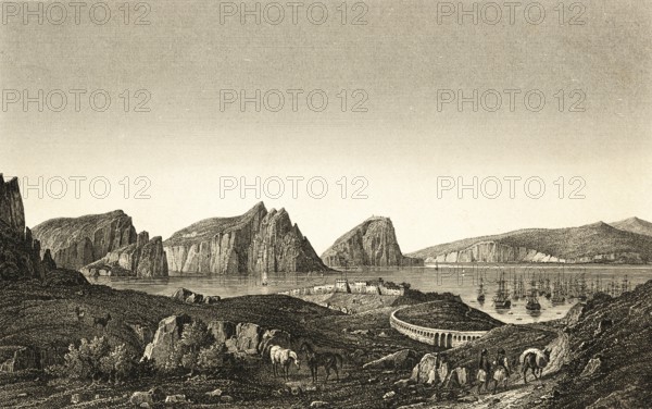 Navarino and its bay, today Pylos, Greece, sailing ships, two-masted, mountain landscape, donkeys, men, horses, rocks, architecture, steel engraving, historical illustration 1834