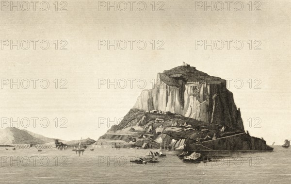 Entrance to the port of Monemvasia, rocky island off the coast of Laconia, Peloponnese peninsula, Greece, Byzantine Empire, strategic importance, fortress, base, fleet, geology, geography, steel engraving, historical illustration 1834