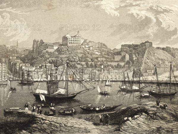 Oporto, today Porto, port city on the Atlantic, Portugal, capital, castle, fortress, architecture, mountains, many ships, two-masters, rowing boats, people, waterfront, rocks, buildings, steel engraving, historical illustration 1834