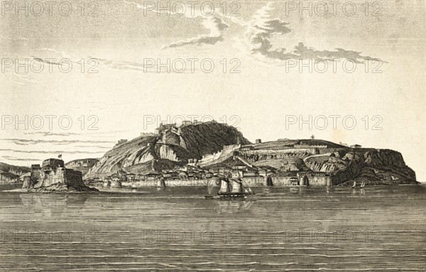 Napoli di Romani, Nafplio, Peloponnese, Argolic Gulf, Greece, rocks with Bourtzi fortress, Akronafplia's Castle on the hill, castle walls, sailing ship, architecture, building, steel engraving, historical illustration 1834