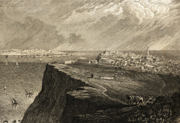 Lisbon cityscape seen from Almada, south of the Tagus, Atlantic, sailing ships, cliffs, path, cattle, people, city wall, Portugal, architecture, building, steel engraving, historical illustration 1834