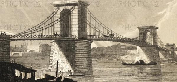 Suspension bridge in the Alsatian fields near Paris, France, construction, clothesline, city wall, rowing boat, ship, architecture, building, steel engraving, historical illustration 1834