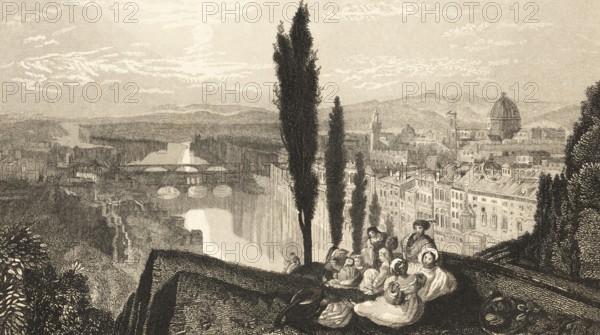 Florence with the Cathedral Cattedrale di Santa Maria del Fiore, Tuscany, view from above, viewpoint, picnique, pause, group, pine trees, Arno, bridges, mountains, Italy, architecture, building, steel engraving, historical illustration 1834