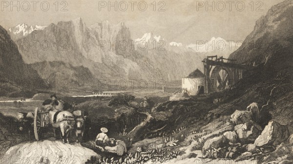 Mountain landscape near Feldkirch am Alpenrhein, Old Rhine, Voralberg, Austria, Alps, snow-capped mountains, natural landscape, round house, water mill, horse-drawn carriage, rocks, architecture, building, steel engraving, historical illustration 1834