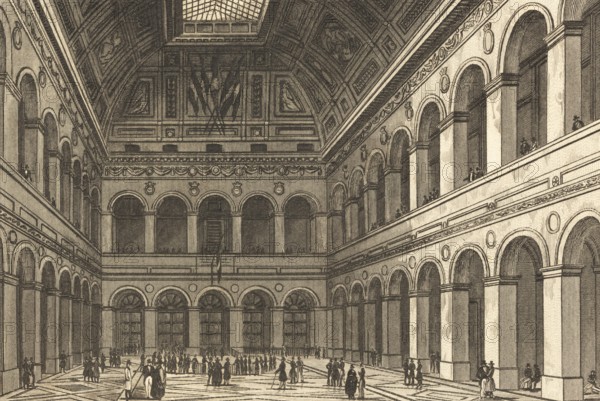 Bourse de Paris, Palais Brongniart, stock exchange of the Paris Stock Exchange, France, bow, flags, decorations, people, money, finances, securities, trade, architecture, building, steel engraving, historical illustration 1834