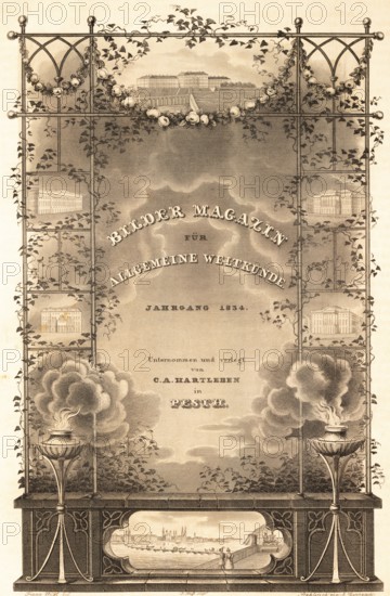 Introduction to the Bilder Magazin für Allgemeine Weltkunde, Architecture, Cityscape, Symbols, Title, Book, Building, Steel Engraving, Historical Illustration 1834