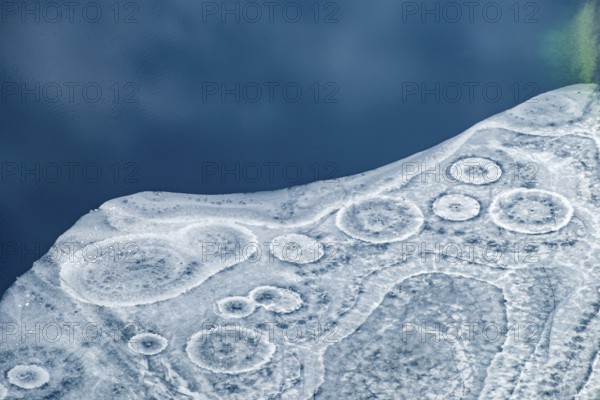 Abstract patterns in the ice of the partly frozen Königssee, detailed view, Berchtesgaden National Park, Schönau am Königssee, Berchtesgadener Land, Upper Bavaria, Germany