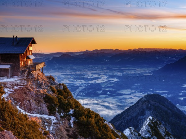 Reichenhaller Haus am Hochstaufen at sunrise, below Salzburg, Bad Reichenhall, Berchtesgadener Land, Upper Bavaria, Bavaria, Germany