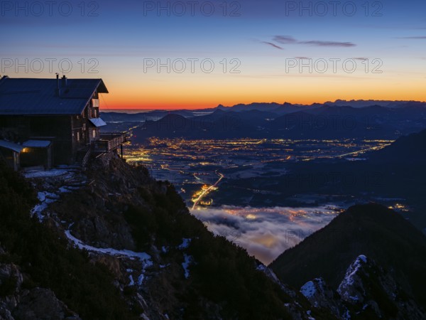 Alpine panorama, Reichenhaller Haus am Hochstaufen at dawn, below Salzburg, Bad Reichenhall, Berchtesgadener Land, Upper Bavaria, Bavaria, Germany
