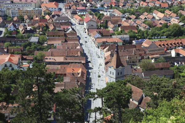 View from above of the town of Rasnov, Rosenau, in the Transylvania region of Romania
