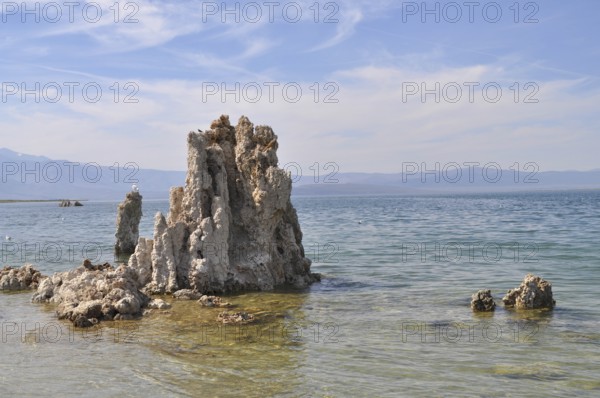 A detailed rock, Calcium Tuff Formation, rises out of the water surrounded by shore scenery, Lake Natron, Mono Lake, California, USA