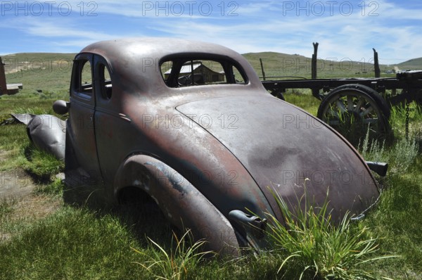 Rear view of an old rusty car wreck, Chevrolet Coupé, on green space in the wilderness, Bodie Ghost Town, California, USA